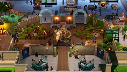 An isometric view of a museum from Two Point Museum with lots of different kinds of exhibits, including multiple dinosaur exhibits