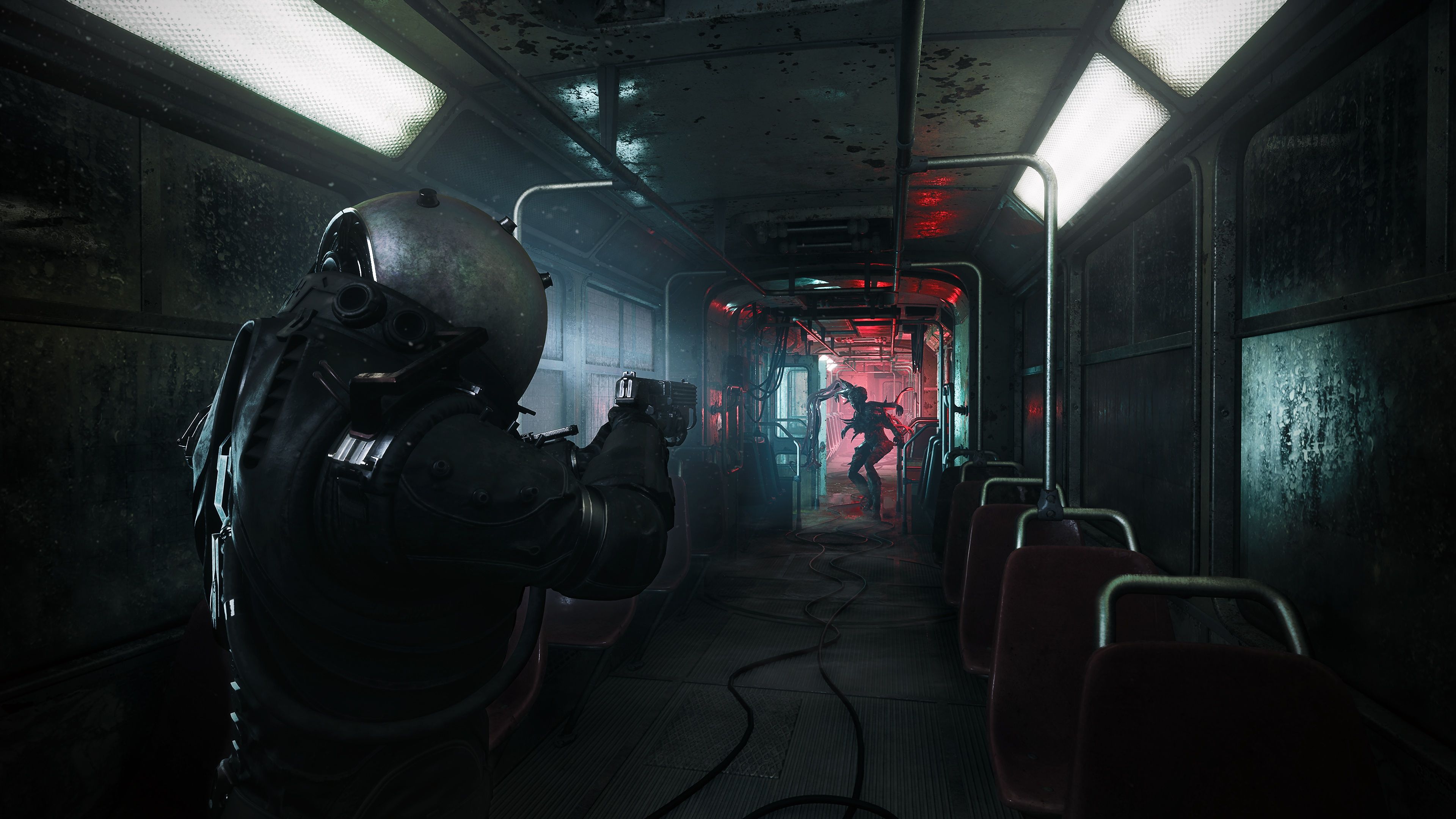 A screenshot from Cronos: The New Dawn, featuring the hero in a containment suit firing at a monster at the opposite end of a train car