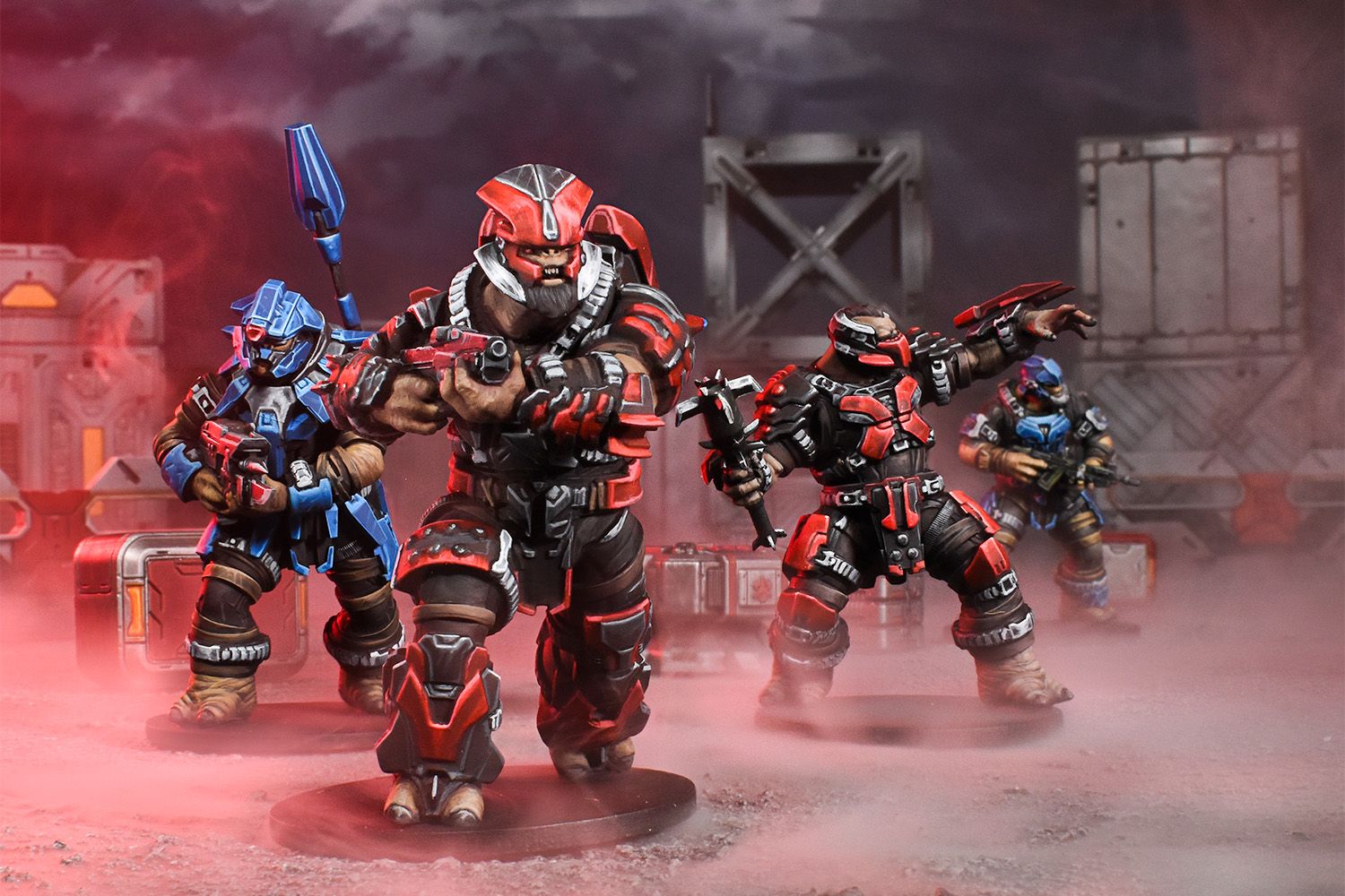 Four Jiralhanae miniatures from Halo: Flashpoint’s Rise of the Banished expansion march forward