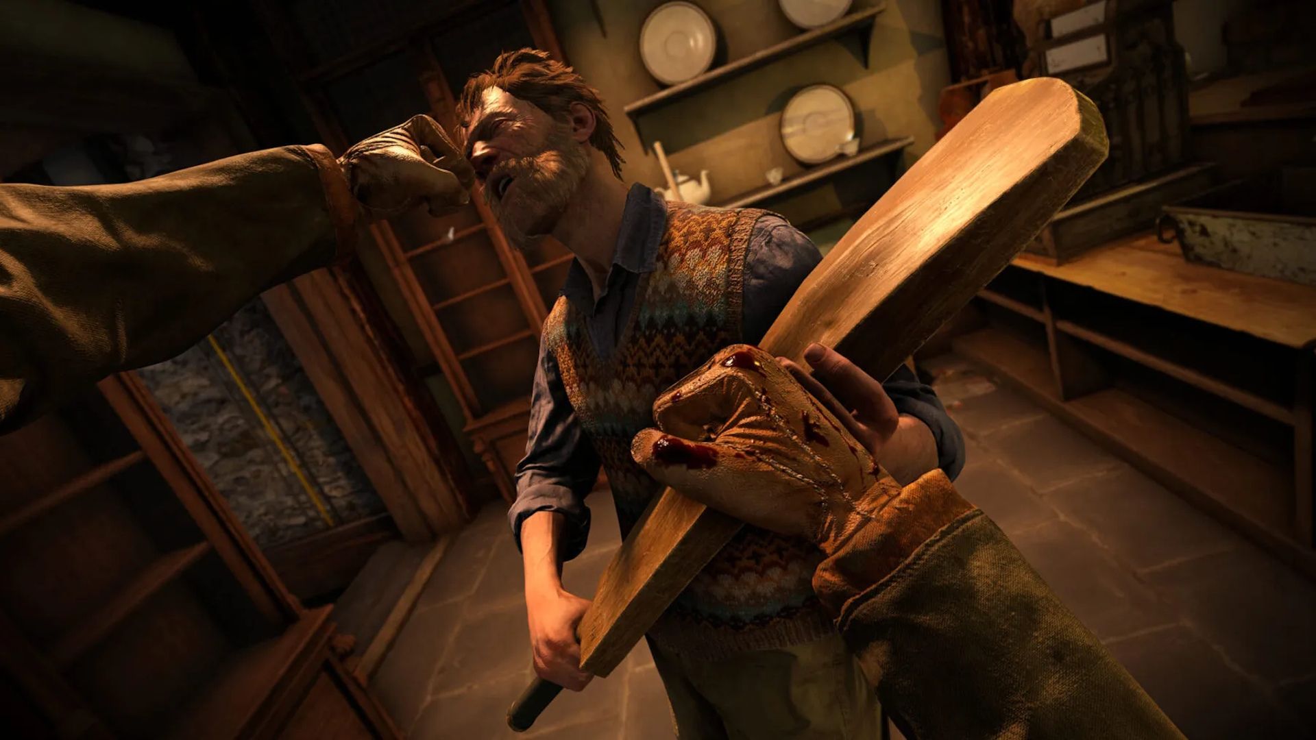 First-person view of a gloved hand punching a bearded man wielding a club in the face