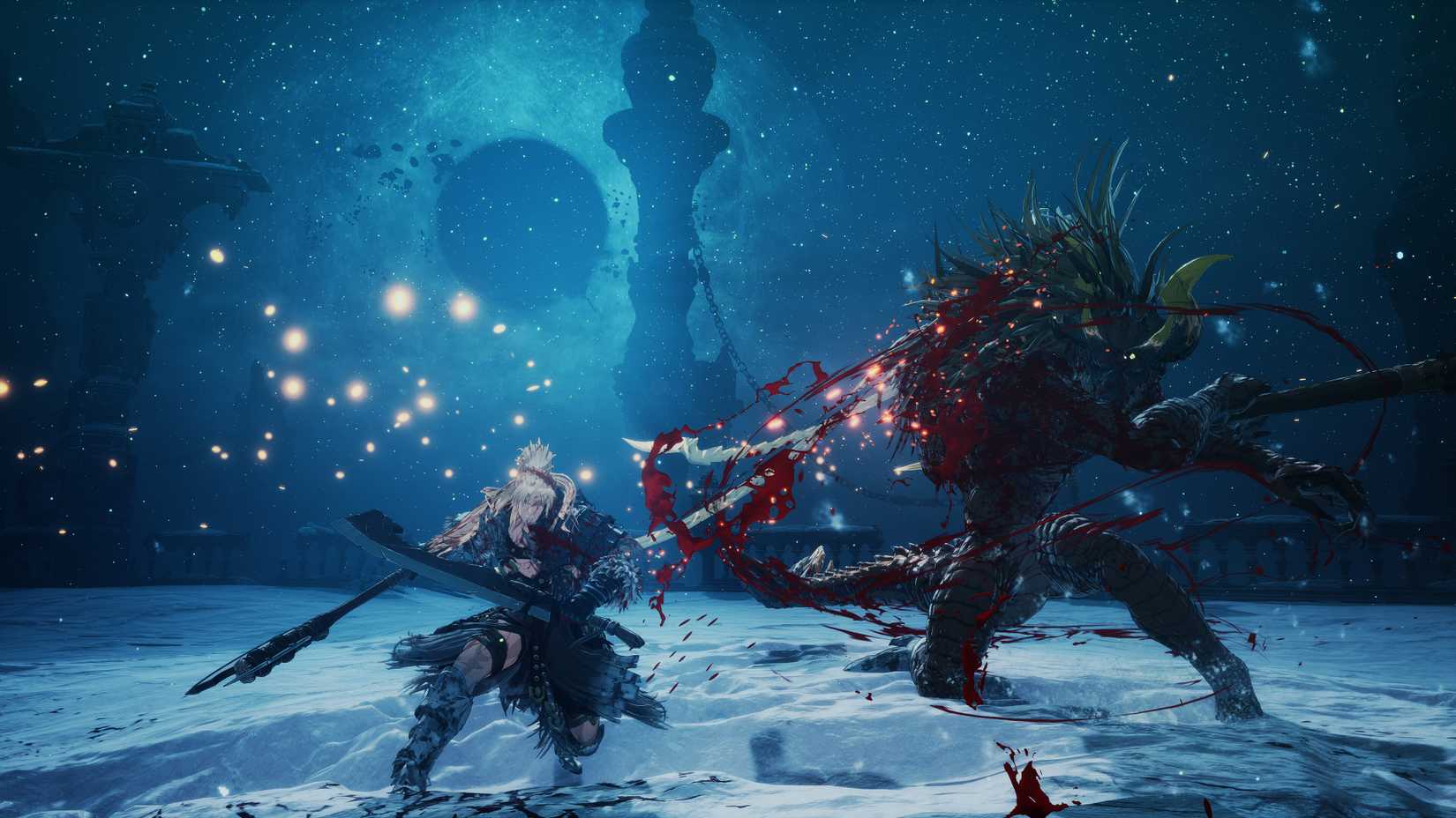 The main character of The First Berserker: Khazan slashes at a monster in a snowy arena