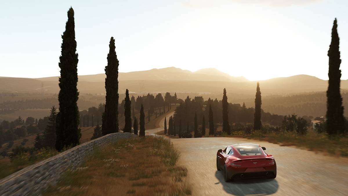 Một chiếc xe chạy dọc con đường rợp bóng cây trong Forza Horizon 2