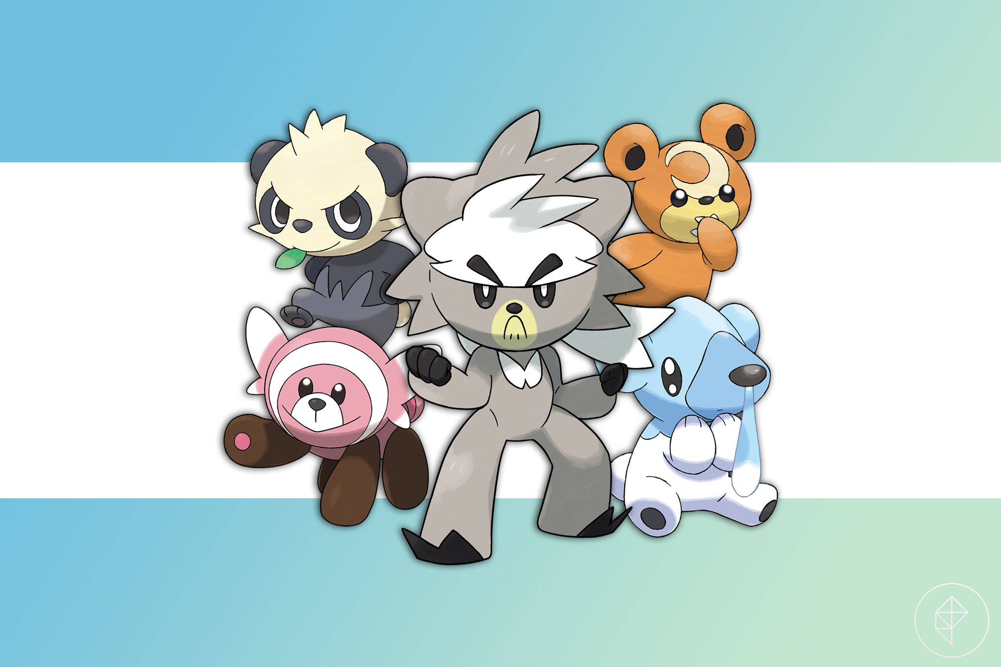 Kubfu alongside some other bear Pokémon: Pancham, Stufful, Teddiursa, and Cubchoo.