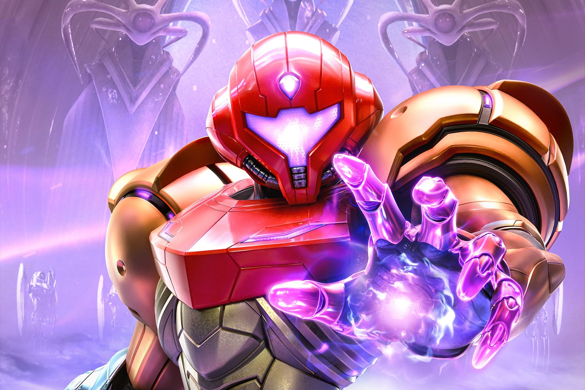 Samus Aran holds out her left arm, which is glowing with purple energy, in artwork from Metroid Prime 4: Beyond