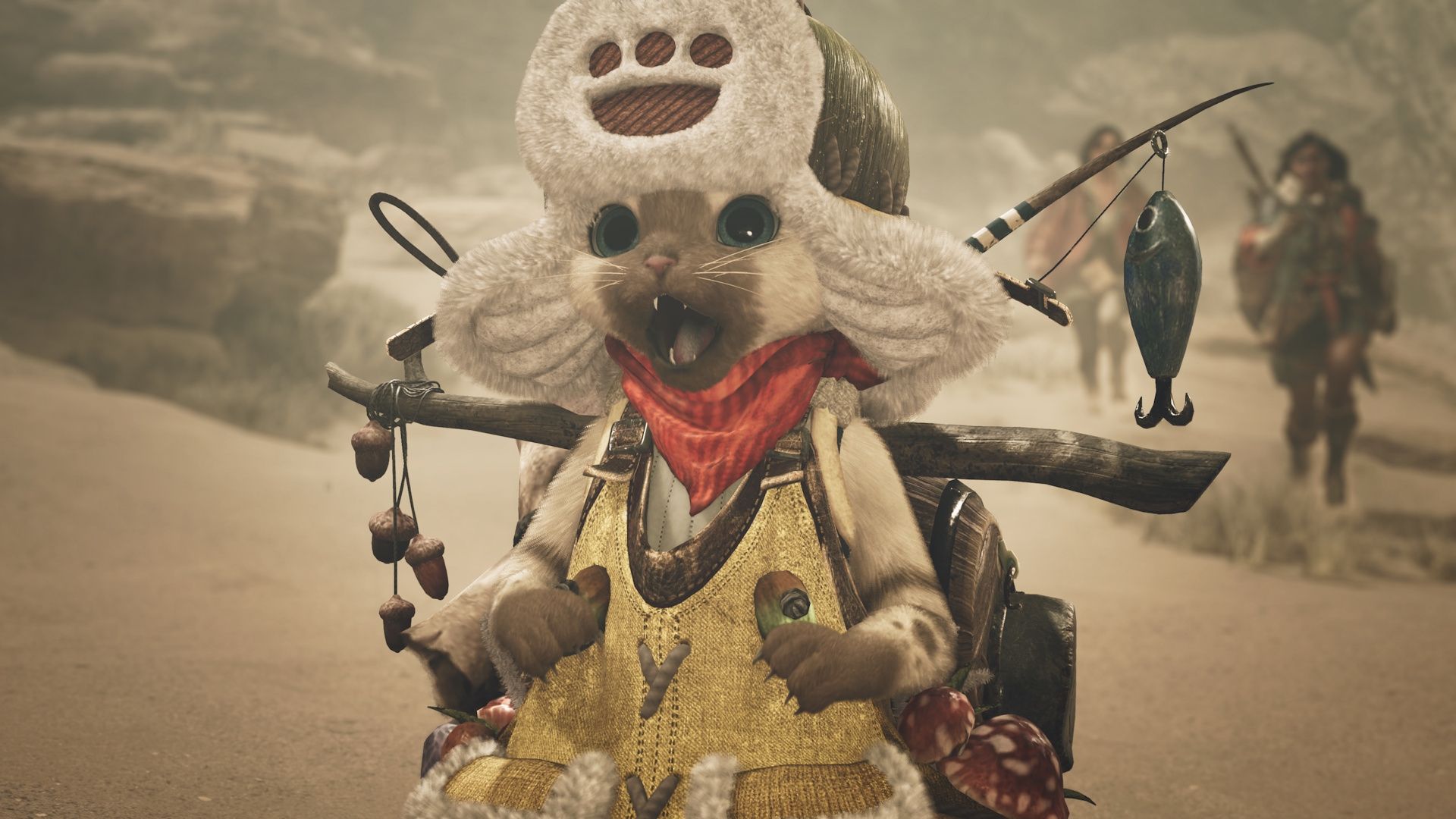 A cat wearing hunting and fishing gear reacts in surprise