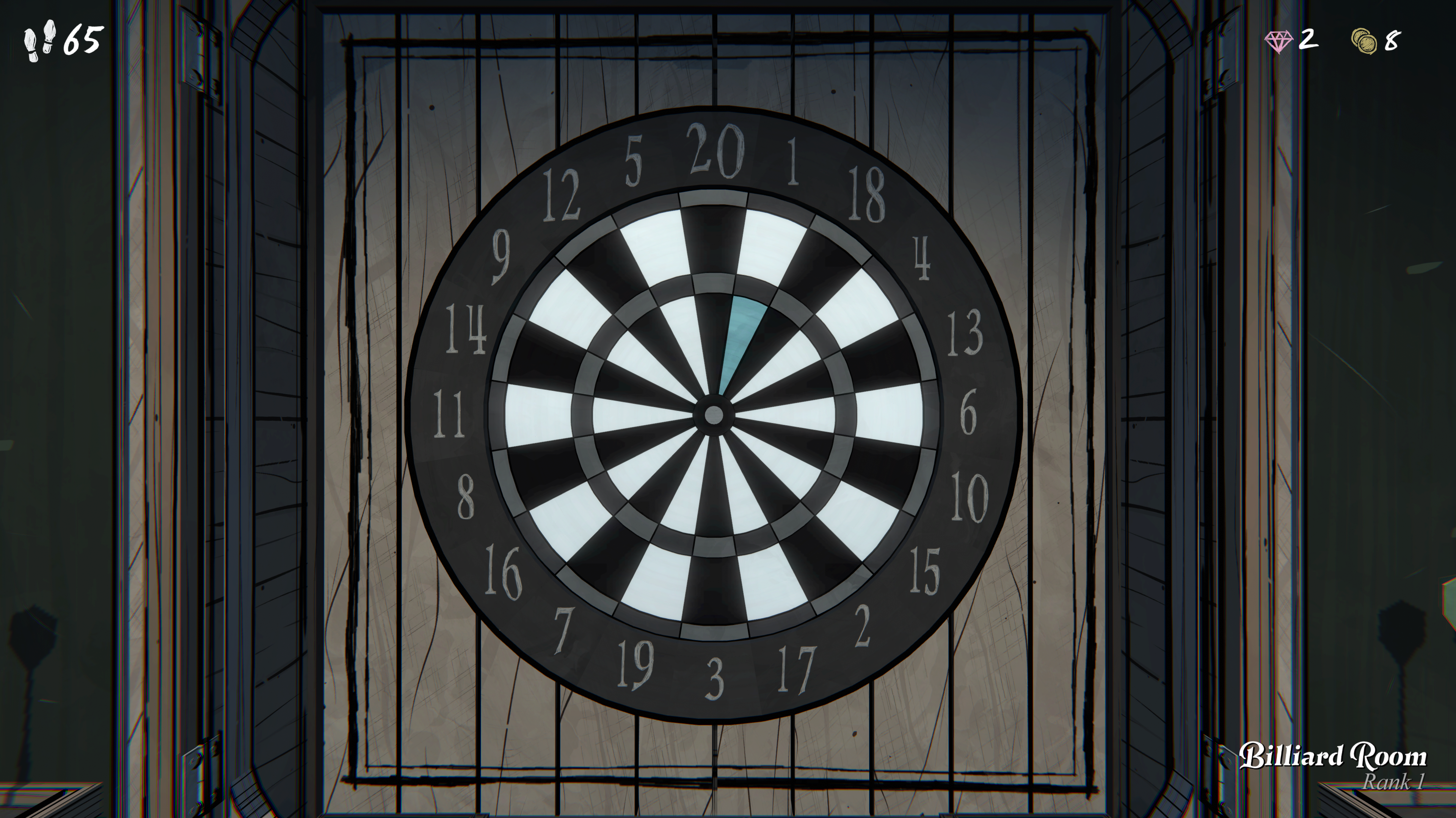 A dart board in Blue Prince with numbers and a highlighted section in blue