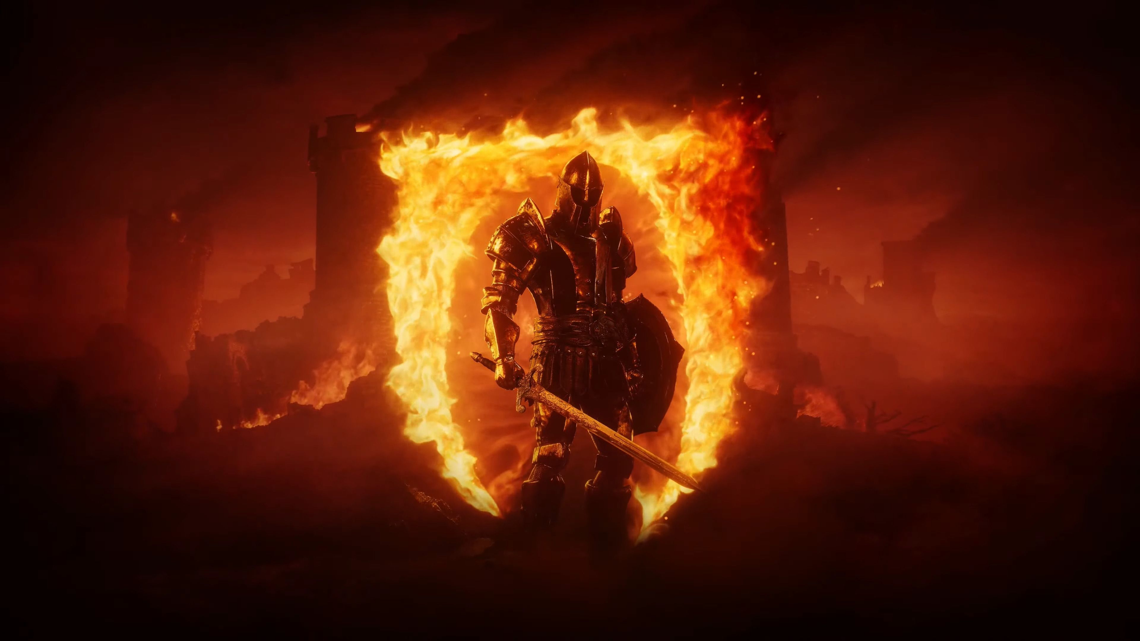 A knight from The Elder Scrolls 4: Oblivion Remastered stands before a burning symbol
