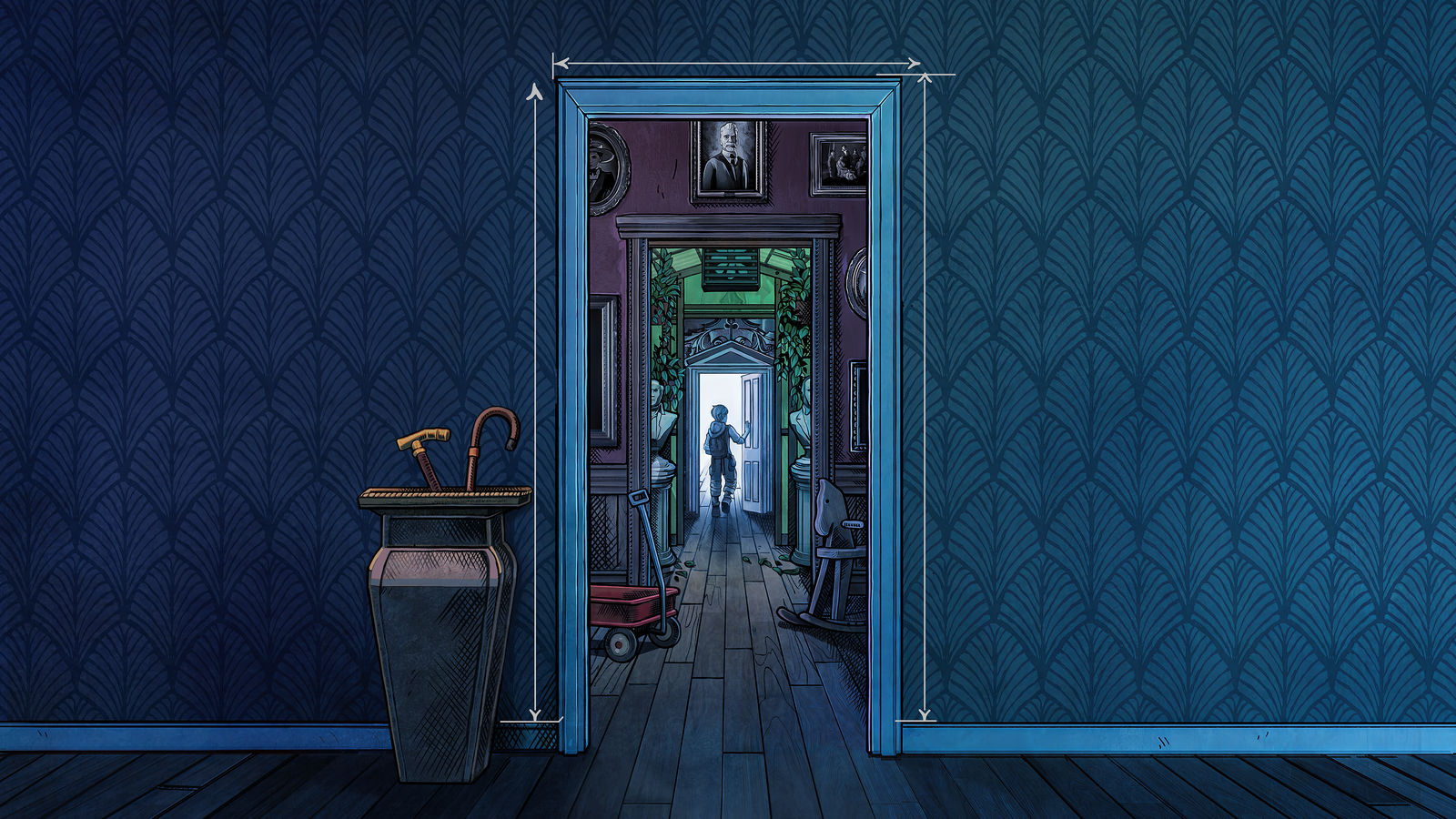 Art for Blue Prince, showing a silhouetted figure through several layers of doorways