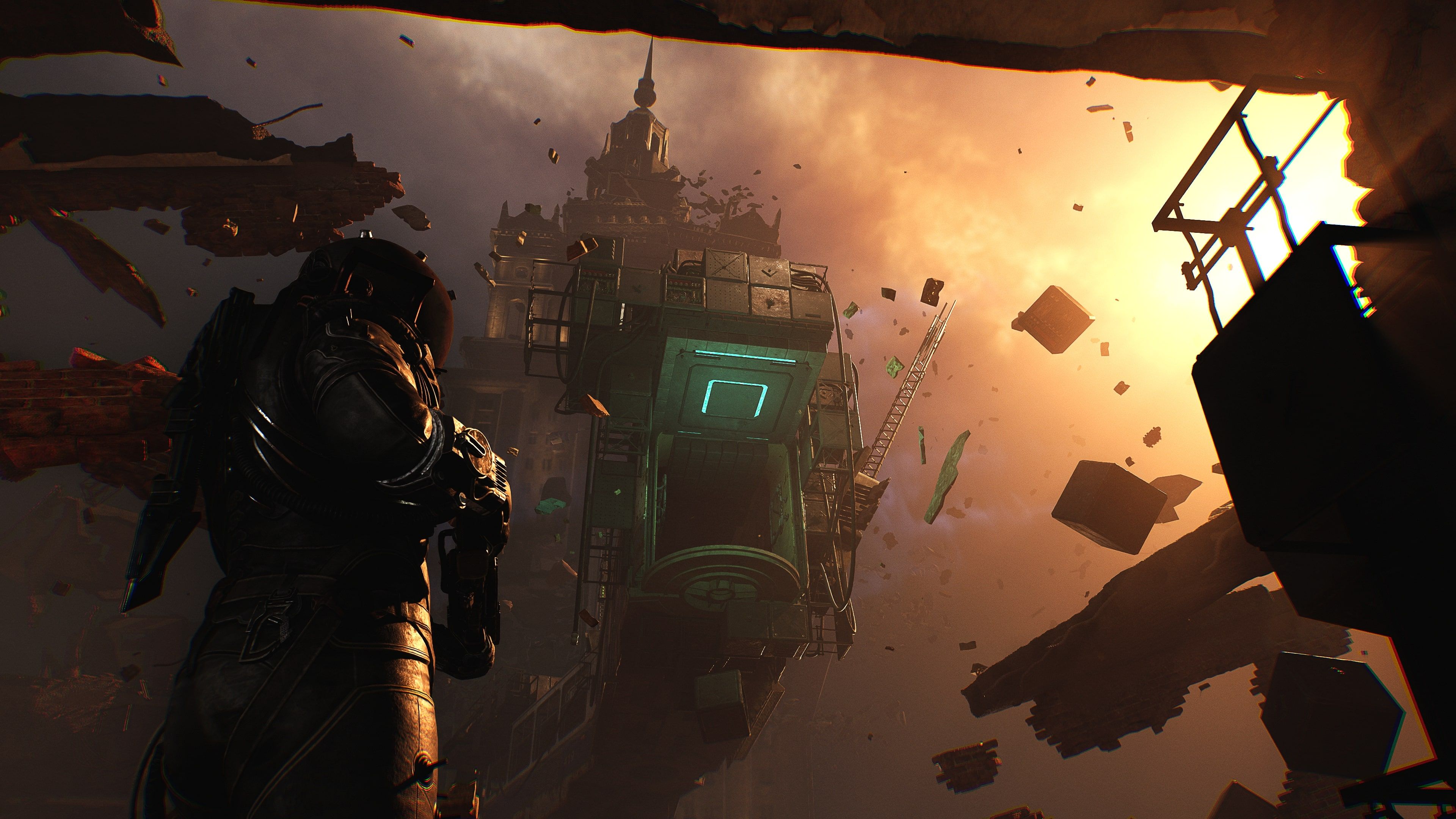 A person in futuristic armor looking out at floating pieces of a broken building in a screenshot from Cronos: The New Dawn