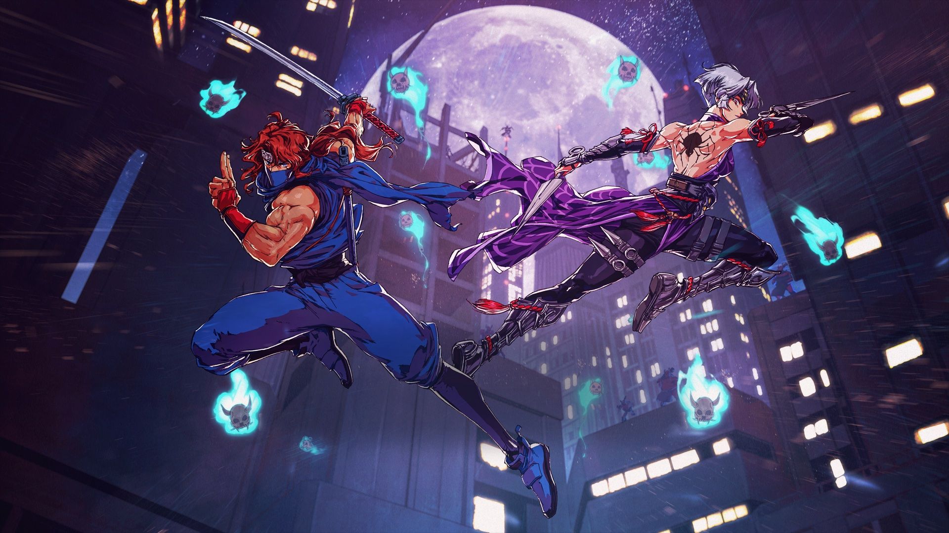 Artwork from Ninja Gaiden: Ragebound, showing ninja Kenji Mozu and kunoichi Kumori leaping through the air with weapons drawn