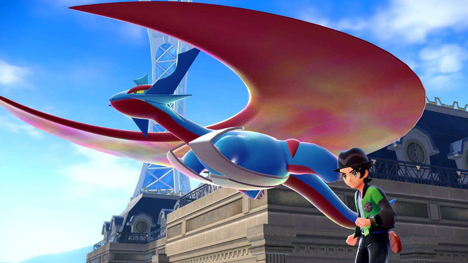 A trainer stands next to a large flying Pokemon in Pokemon Legends Z-A