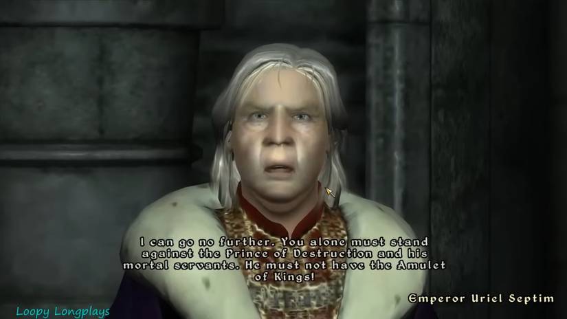 An NPC during a dialogue scene in Oblivion looks concerned