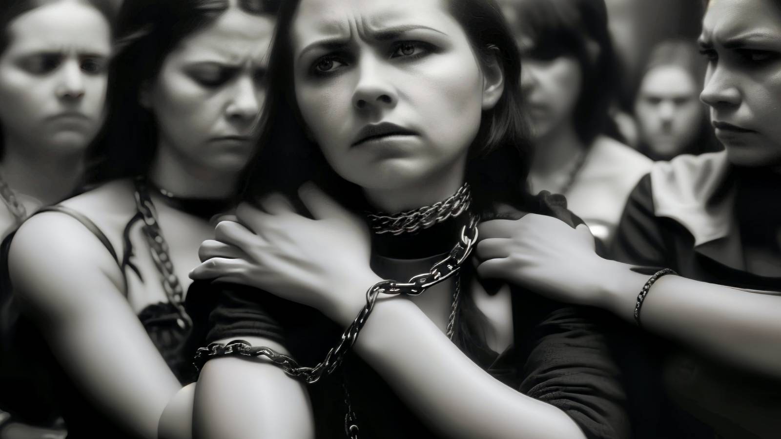 An official image from the AI-generated feature film What’s Next? featuring a worried-looking woman with too many fingers amid a crowd of other women touching each other’s shoulders