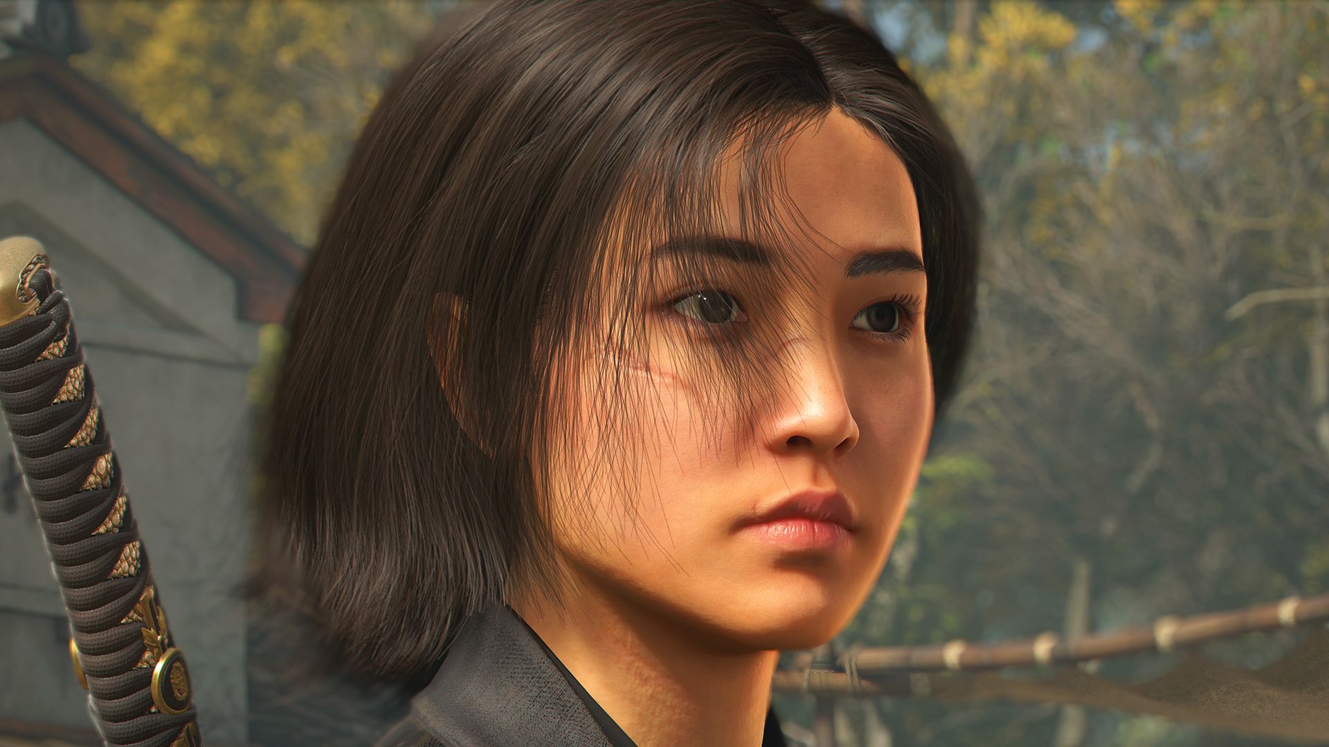 Naoe from Assassin’s Creed Shadows stands in a camp looking off screen