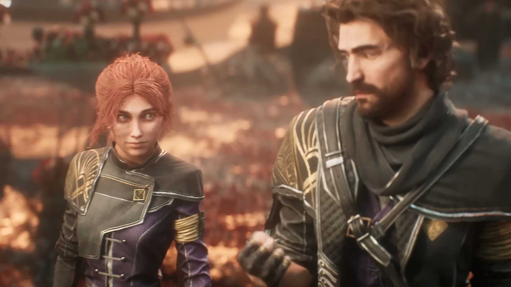 Two characters from Clair Obscur: Expedition 33 stand on red leaves and look assuredly at each other