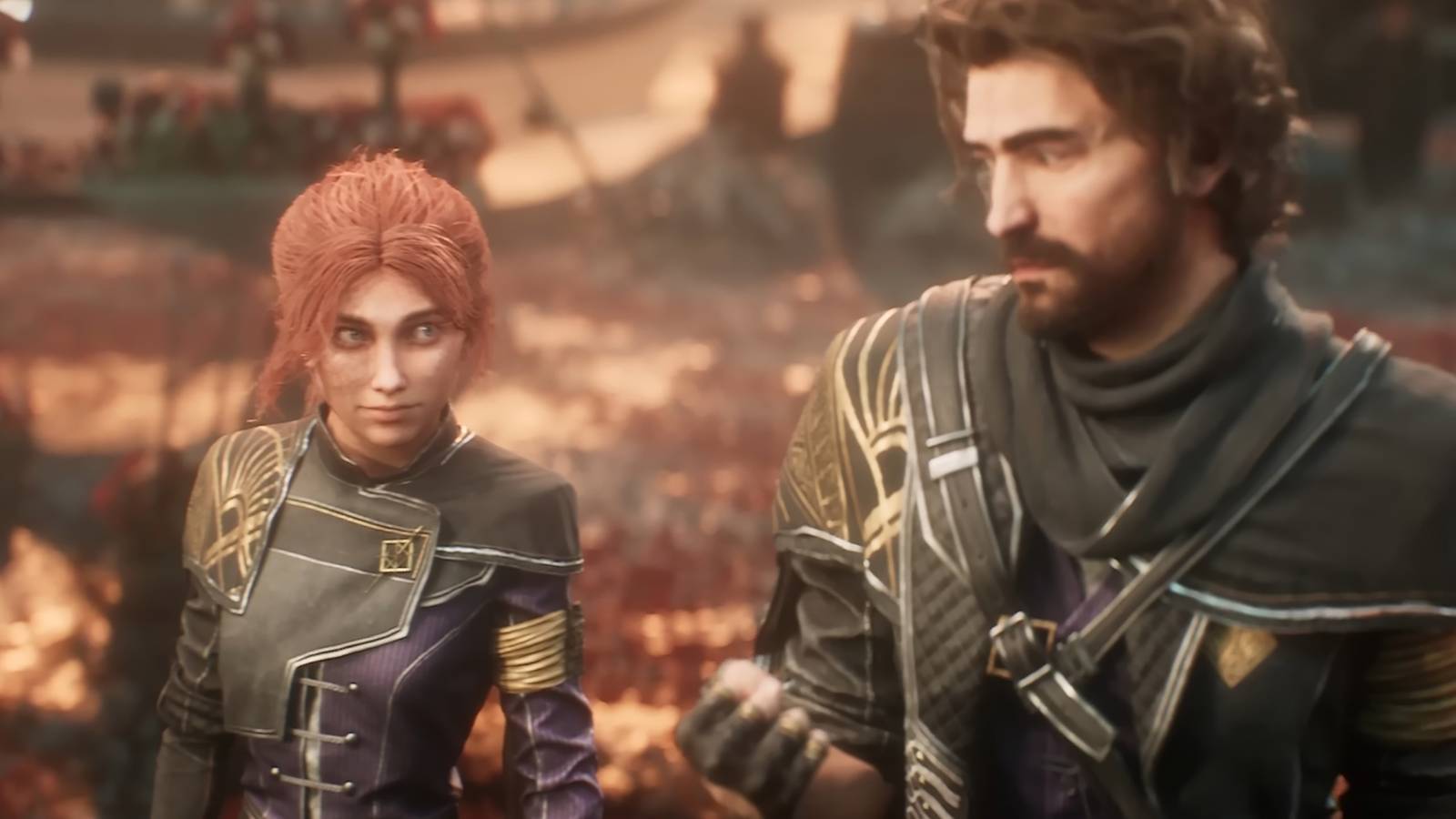 Two characters from Clair Obscur: Expedition 33 stand on red leaves and look confidently at each other.