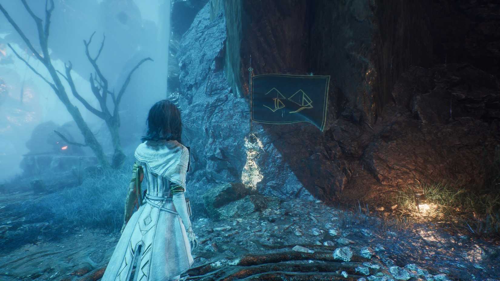 A character in Clair Obscur looks at a flag