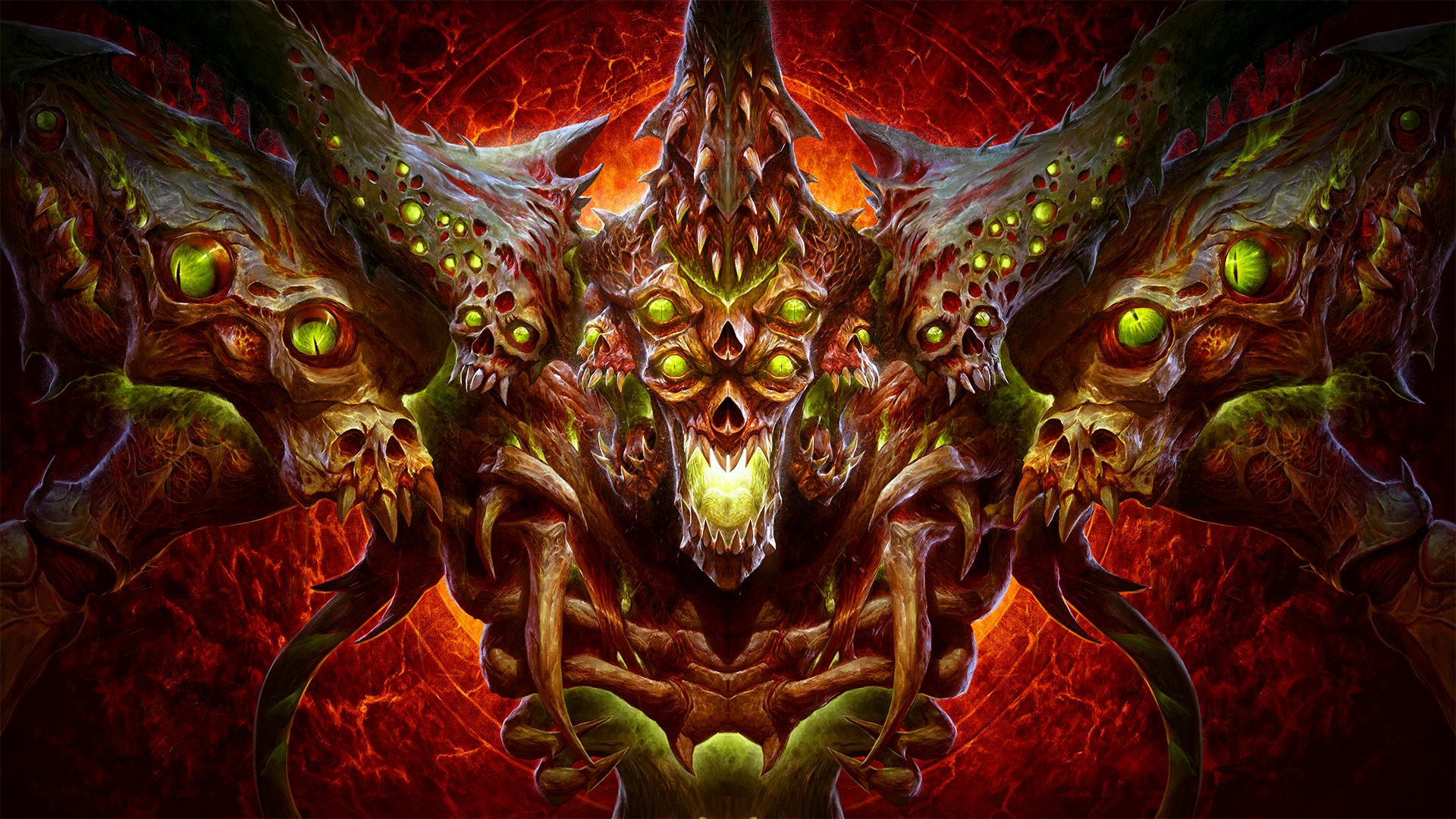 A demon covered in eyes on a red background from Diablo 4