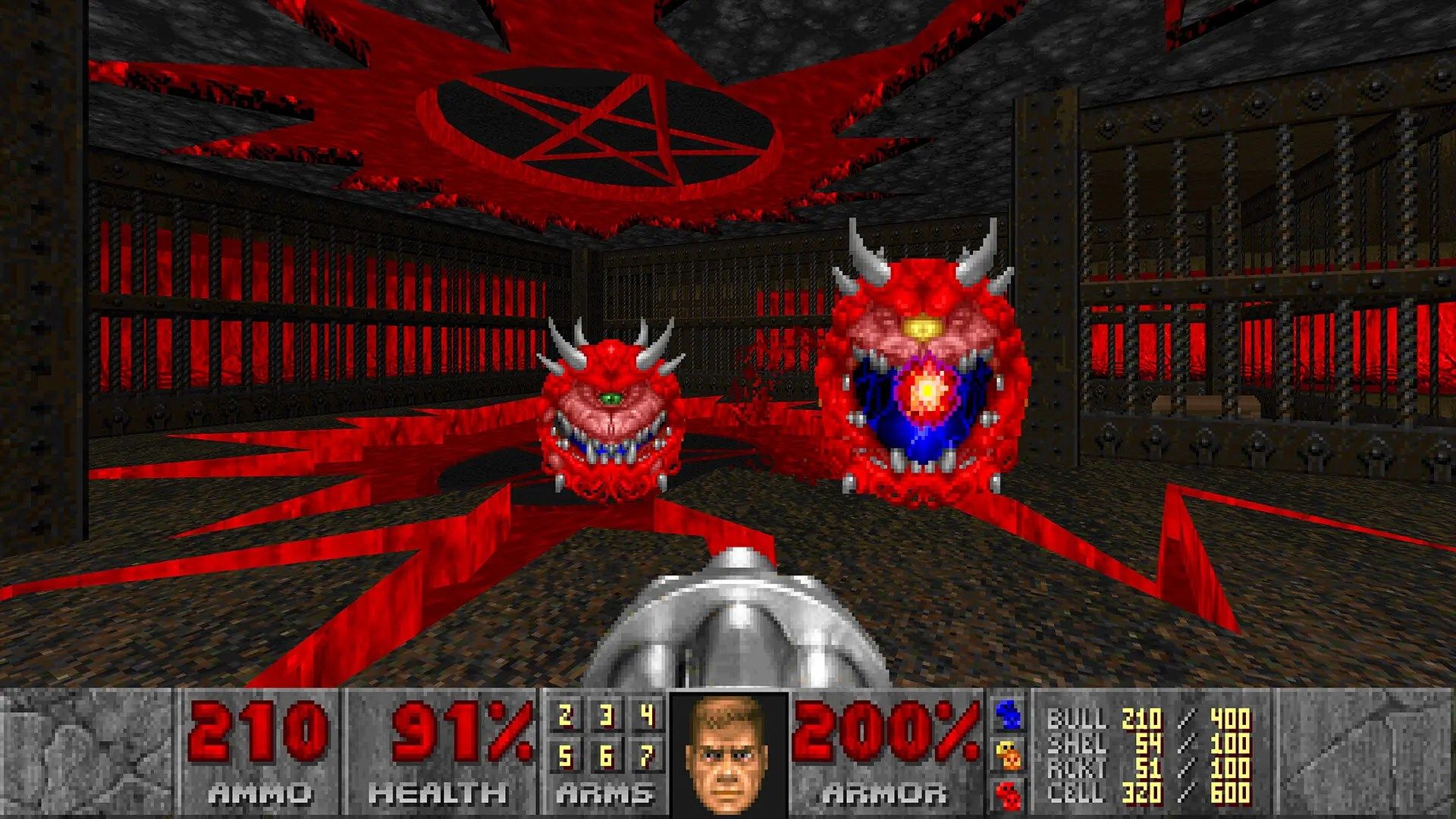 A screenshot from Doom + Doom 2 showing a chaingun and a pair of Cacodemons