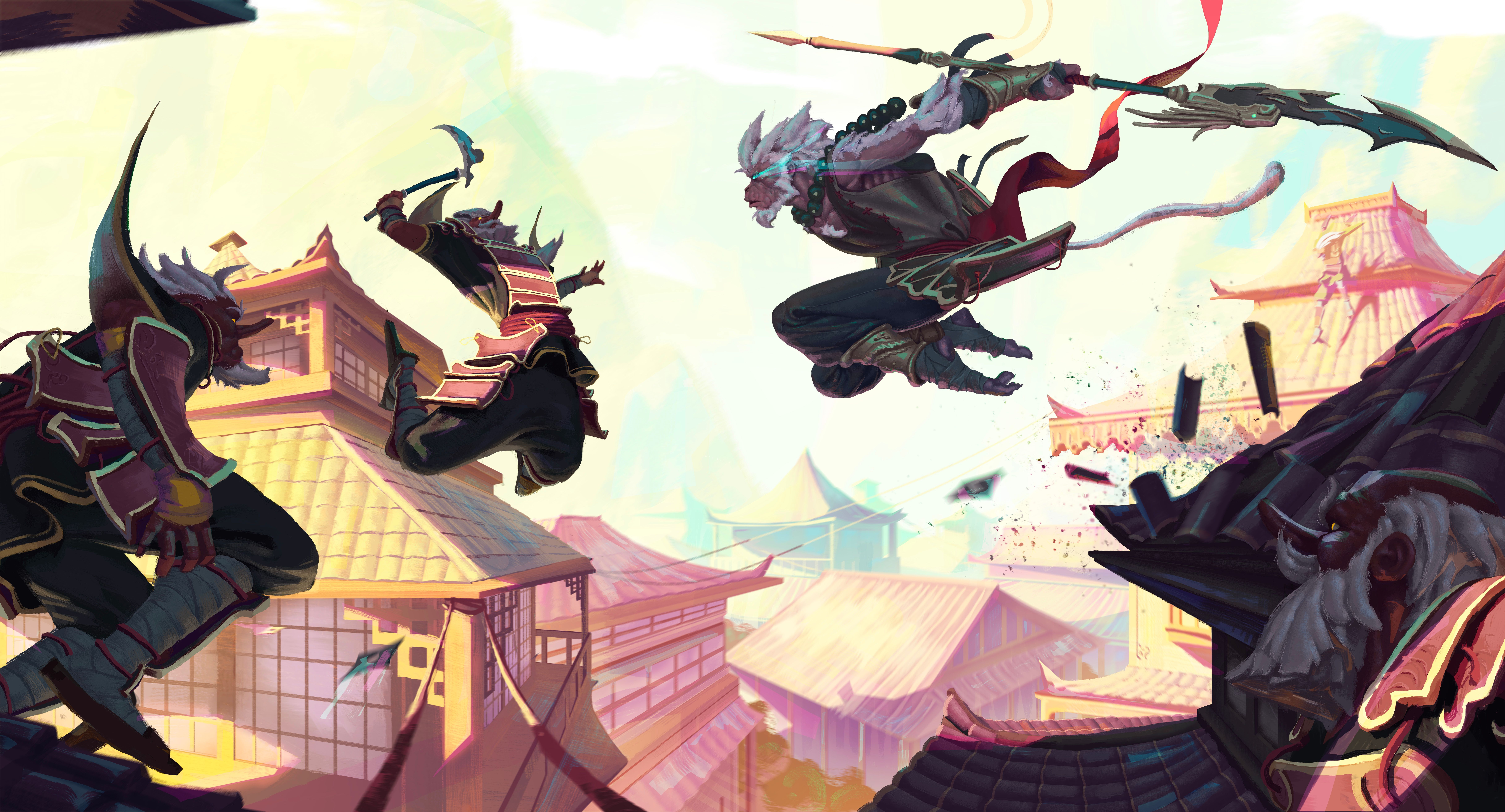 Two warriors, one of them a monkey, leap at each other as terra cotta roof tiles fly.