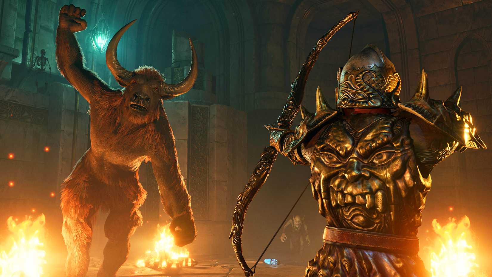 A player character in Oblivion Remastered readies their bow and arrow against a minotaur enemy in a dungeon