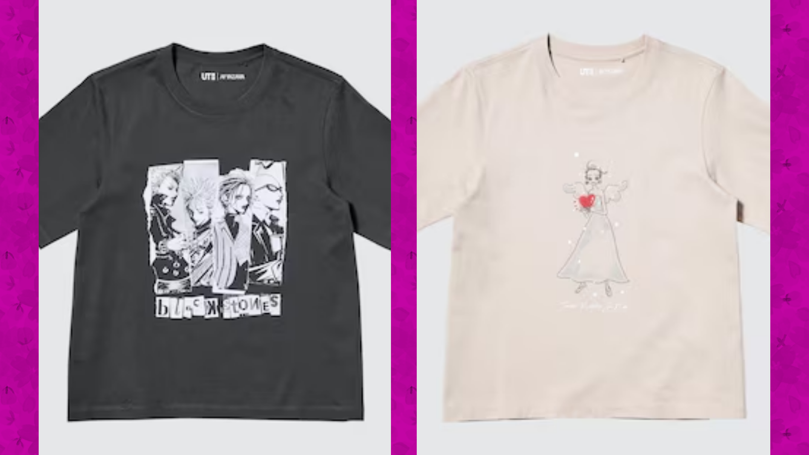 A collage featuring two t-shirts with anime designs.