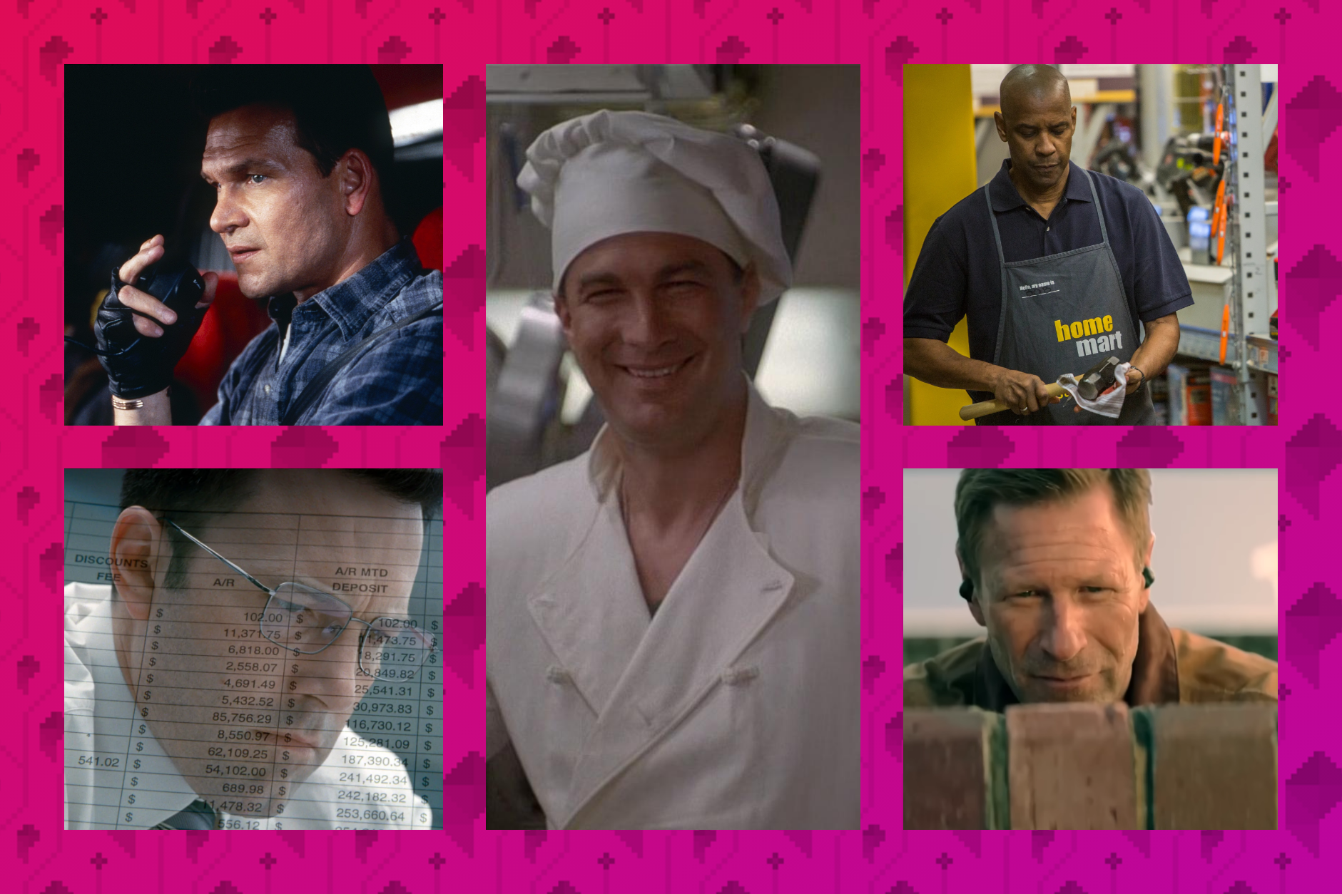 A collage of five images of action heroes working normal jobs