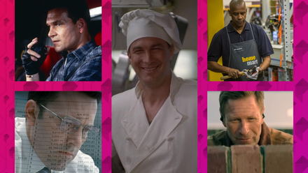 A collage of five images of action heroes working normal jobs