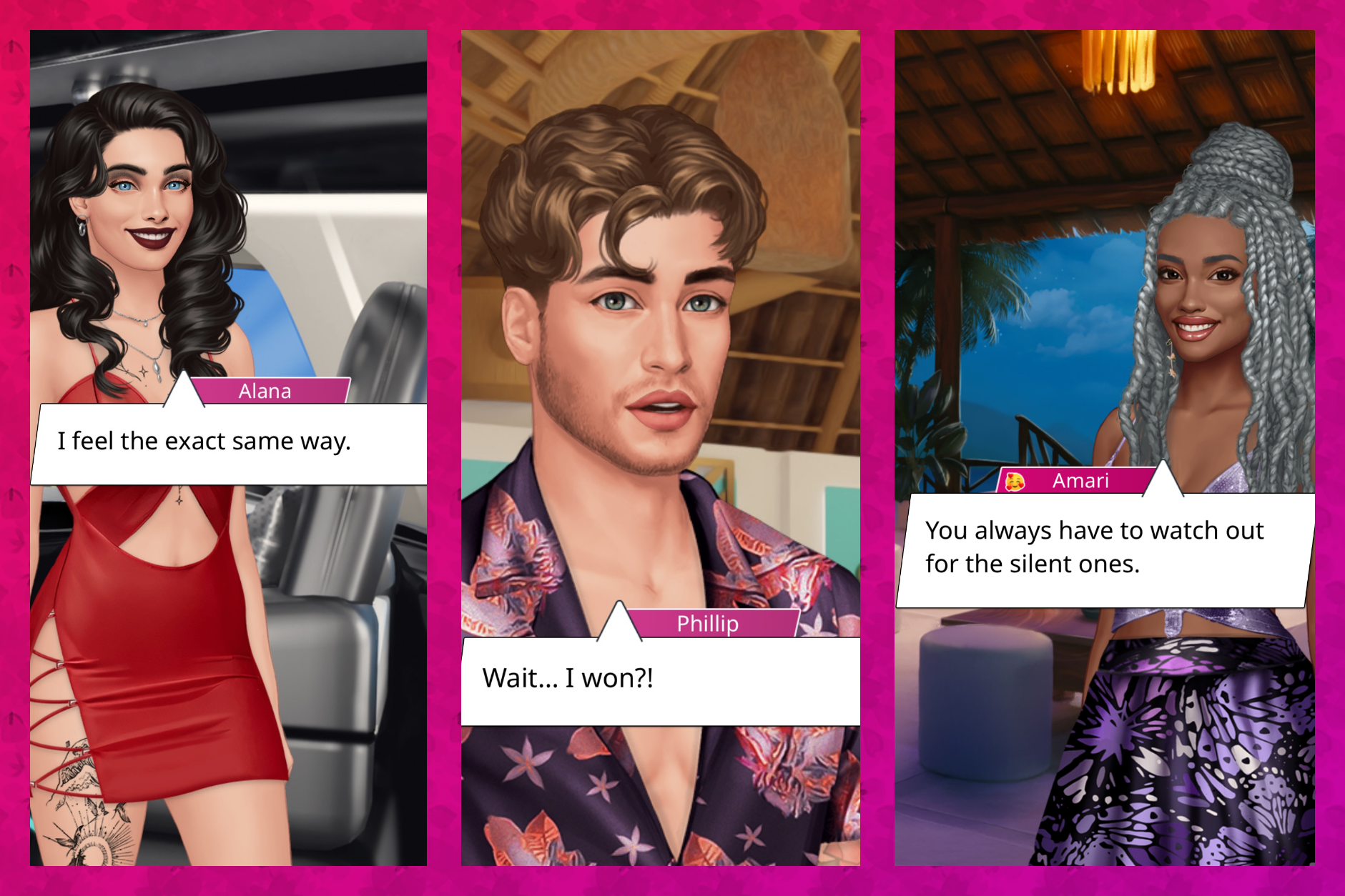 A collage featuring three characters from Netflix’s Too Hot to Handle mobile game. The first image is a pale black-haired woman in a red dress with the text “I feel the same way”; the second is a confused-looking brunette man with a text box that says “Wait… I won?!”; the third is a woman with silver braided hair and light brown skin with text that says “You always have to watch out for the silent ones”