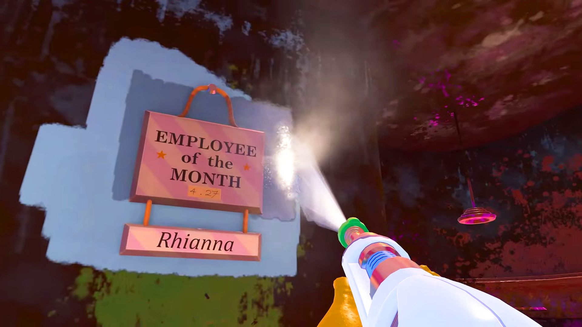 An employee of the month sign in PowerWash Simulator’s free Muckingham Files 5 DLC