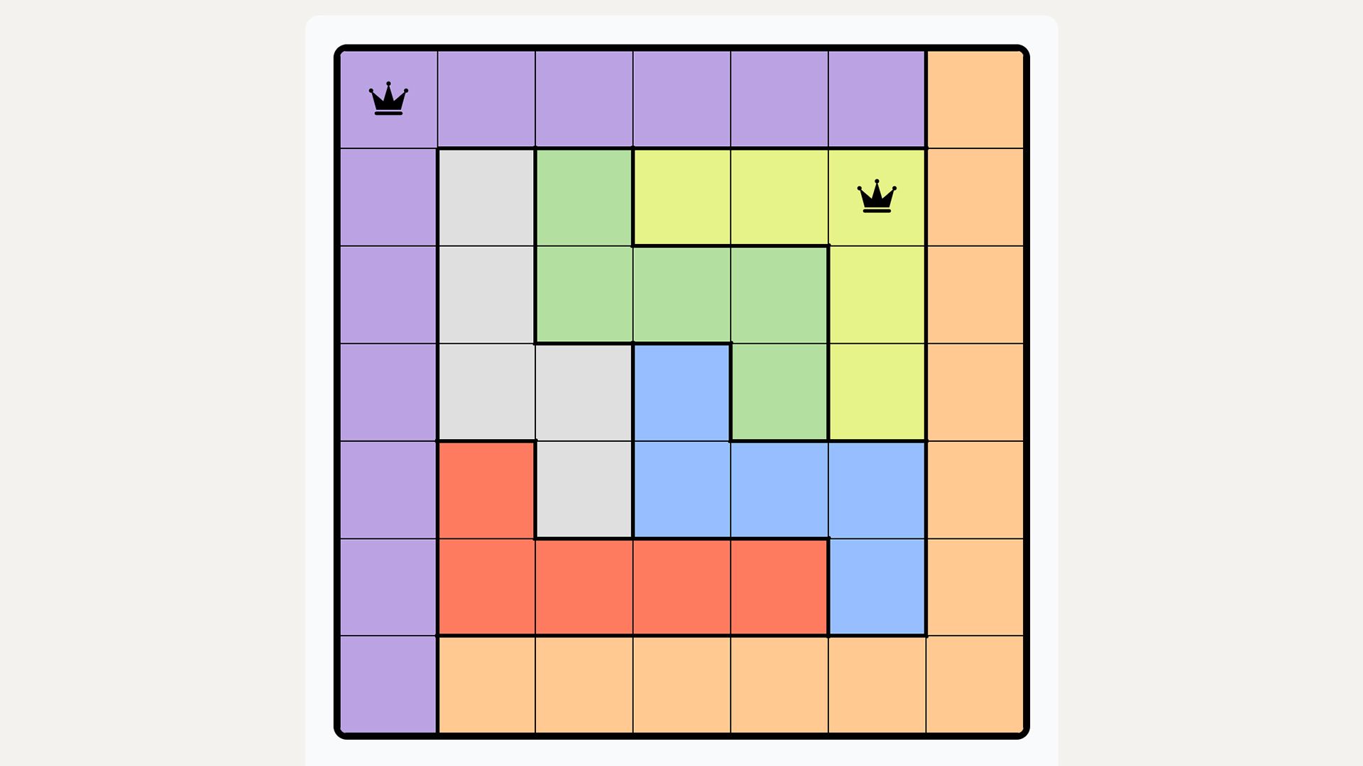 A colored grid from the LinkedIn game Queens