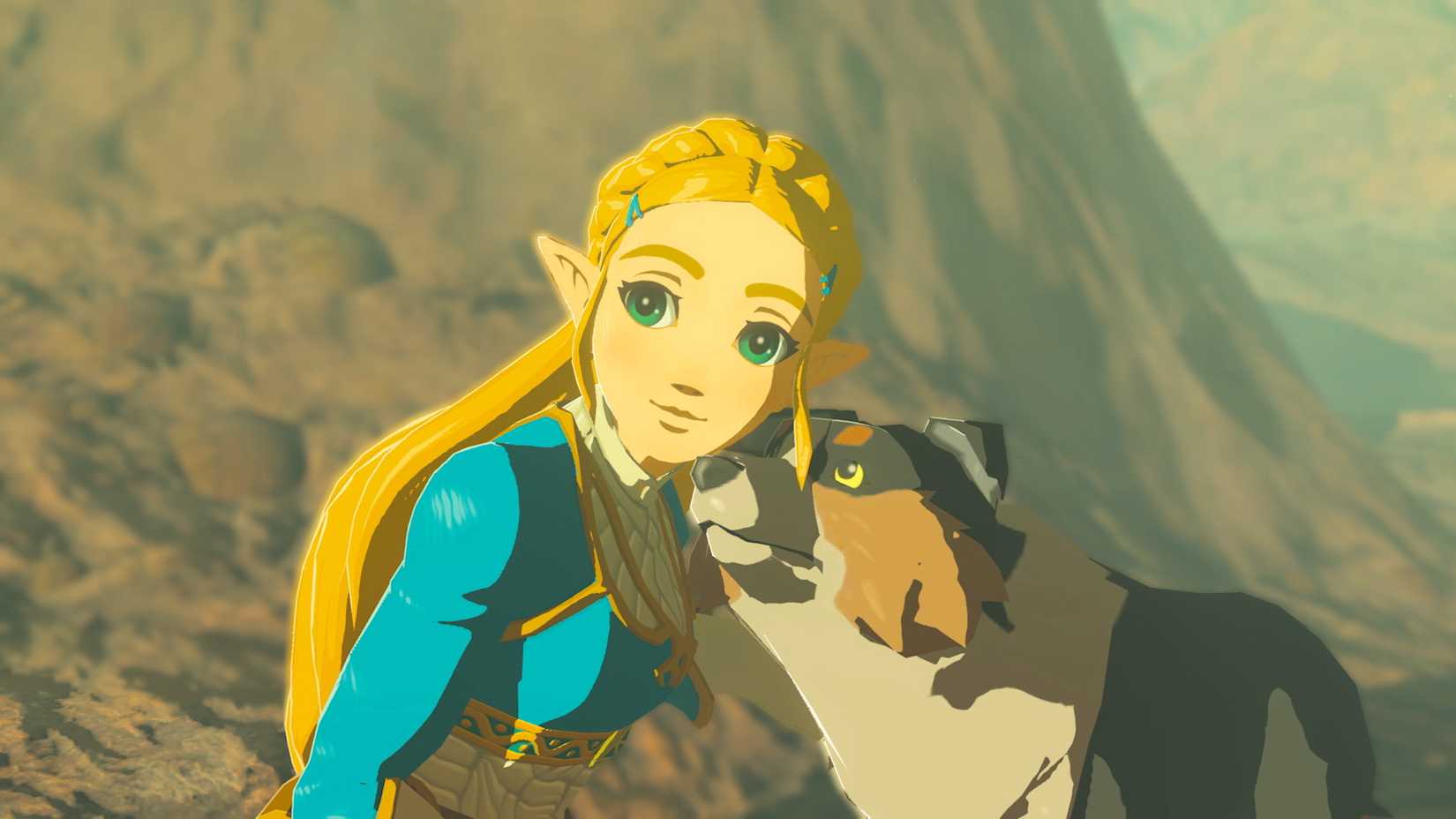 a dog nuzzling Princess Zelda in The Legend of Zelda: Breath of the Wild