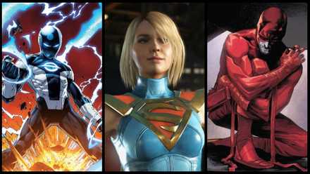 Una imagen compuesta con los superhéroes Radiant Black, Sueprgirl y Daredevil.