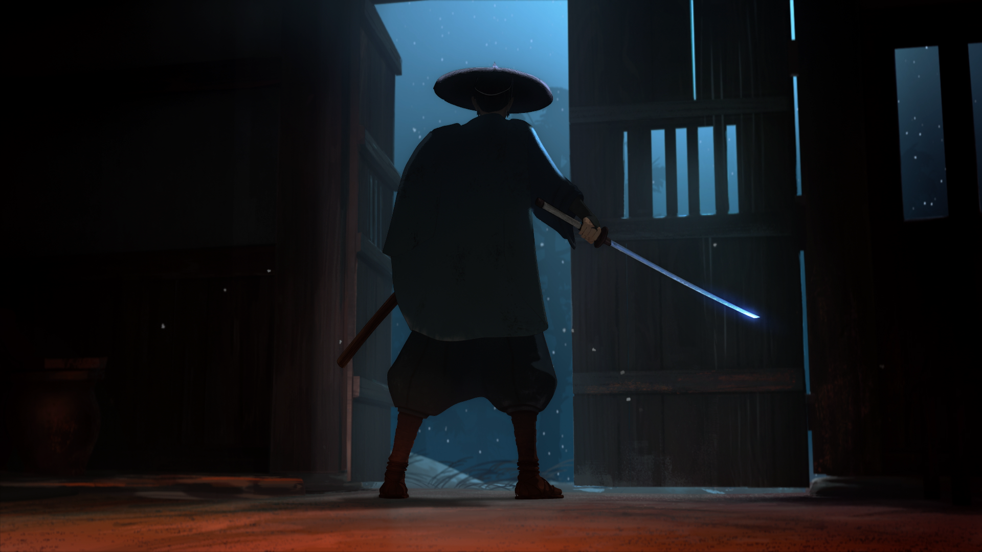 Mizu stands in silhouette against a doorway, holding out a gleaming sword, in Blue Eye Samurai