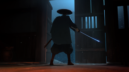 Mizu stands in silhouette against a doorway, holding out a gleaming sword, in Blue Eye Samurai