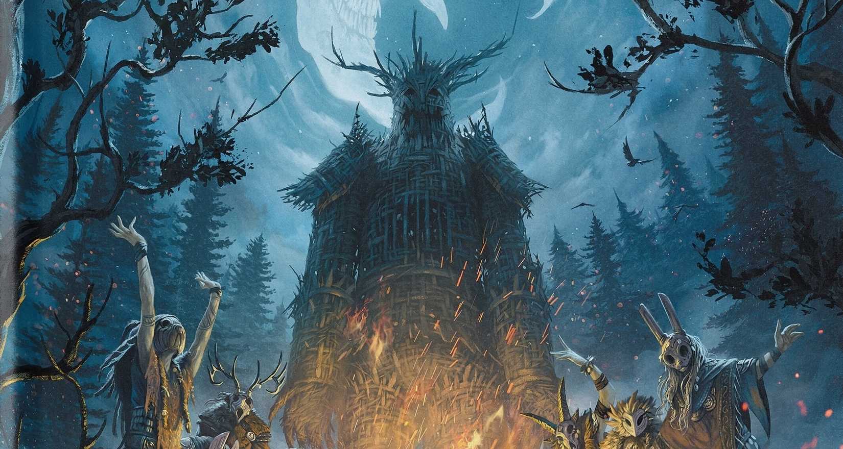 A detail from the cover of Avantris Entertainment’s D&D 5E sourcebook The Crooked Moon, showing characters dancing around a fire with an ominous, horned wicker man looming over them