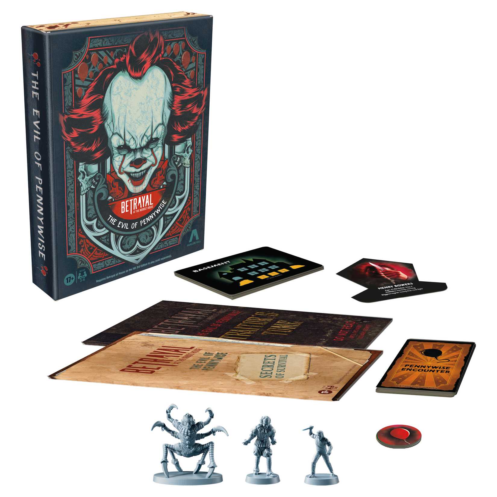 A layout of components from the board game expansion Betrayal at the Neibolt House: The Evil of Pennywise, showing standees, cards, and manuals