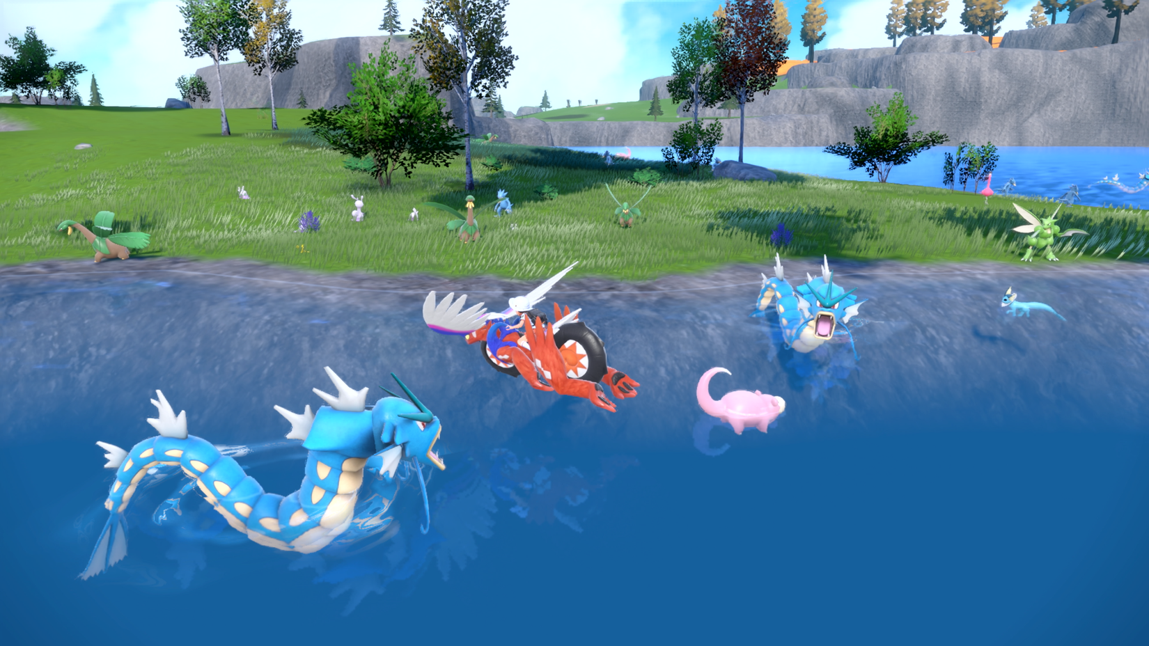 A trainer riding a Pokemon in Pokemon Scarlet on the Nintendo Switch 2.