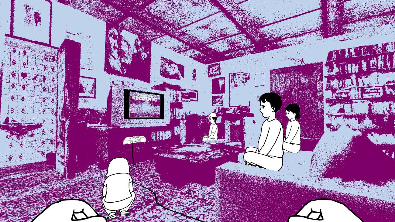 Hand-drawn kids sit around watching football on TV in a grainy environment in Despelote