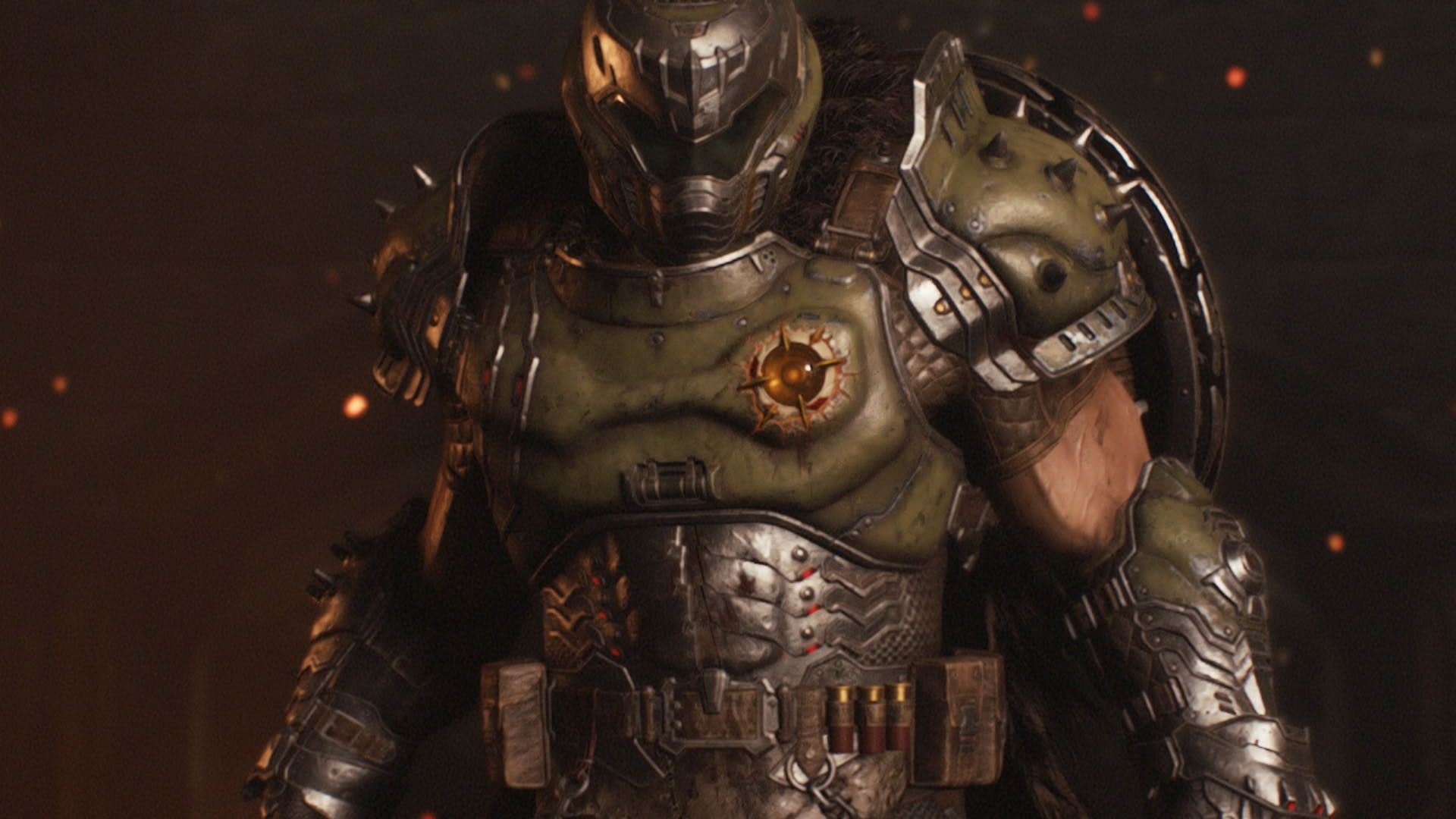This image shows the Doom Slayer wearing their dark-toned armor in a black background.