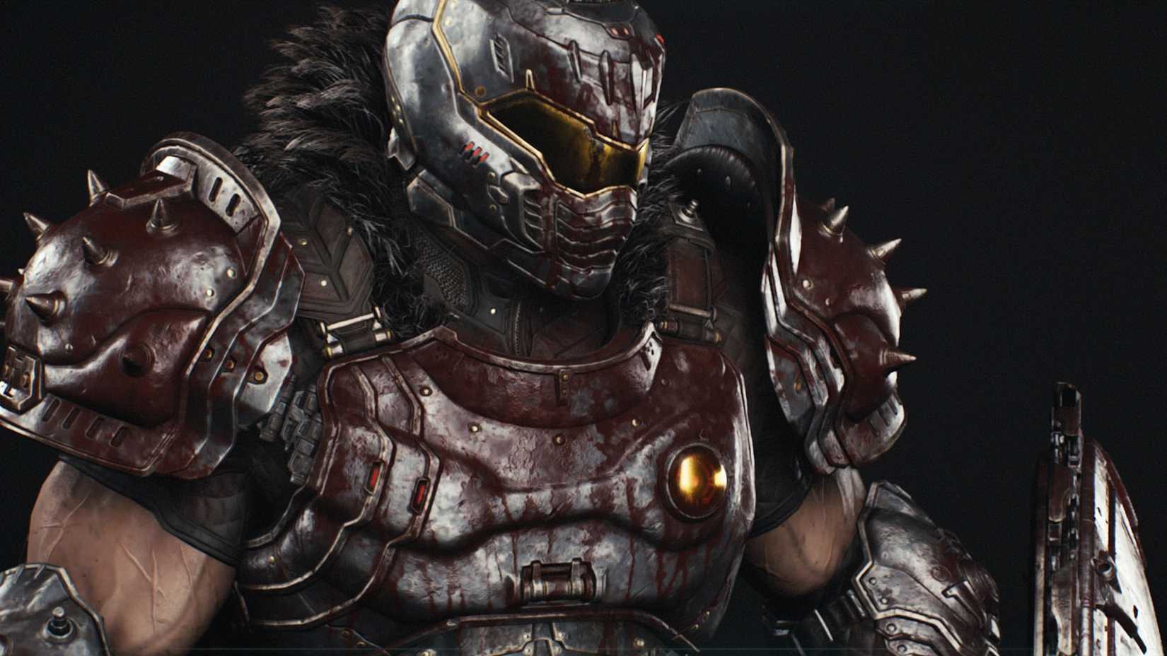 A close-up photo of the Doom Slayer in Doom: The Dark Ages using metallic gray armor covered in blood. There is a yellow patch on the left side of the breastplate.