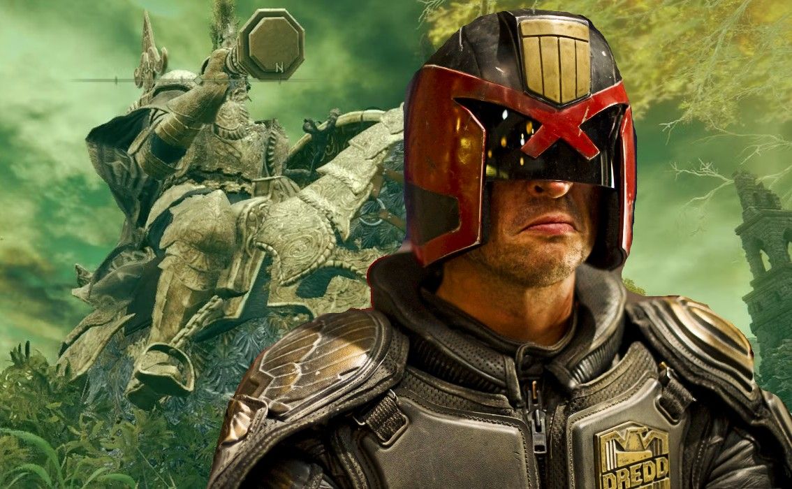 Dredd standing in front of the Tree Sentinel