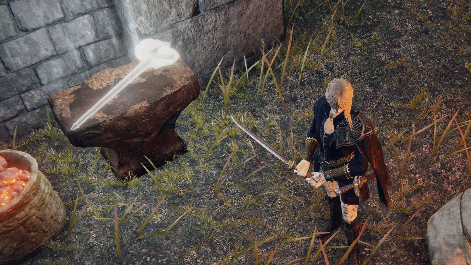 An Elden Ring Nightreign screenshot showing the Duchess nightfarer and the smithing table where you can upgrade weapons