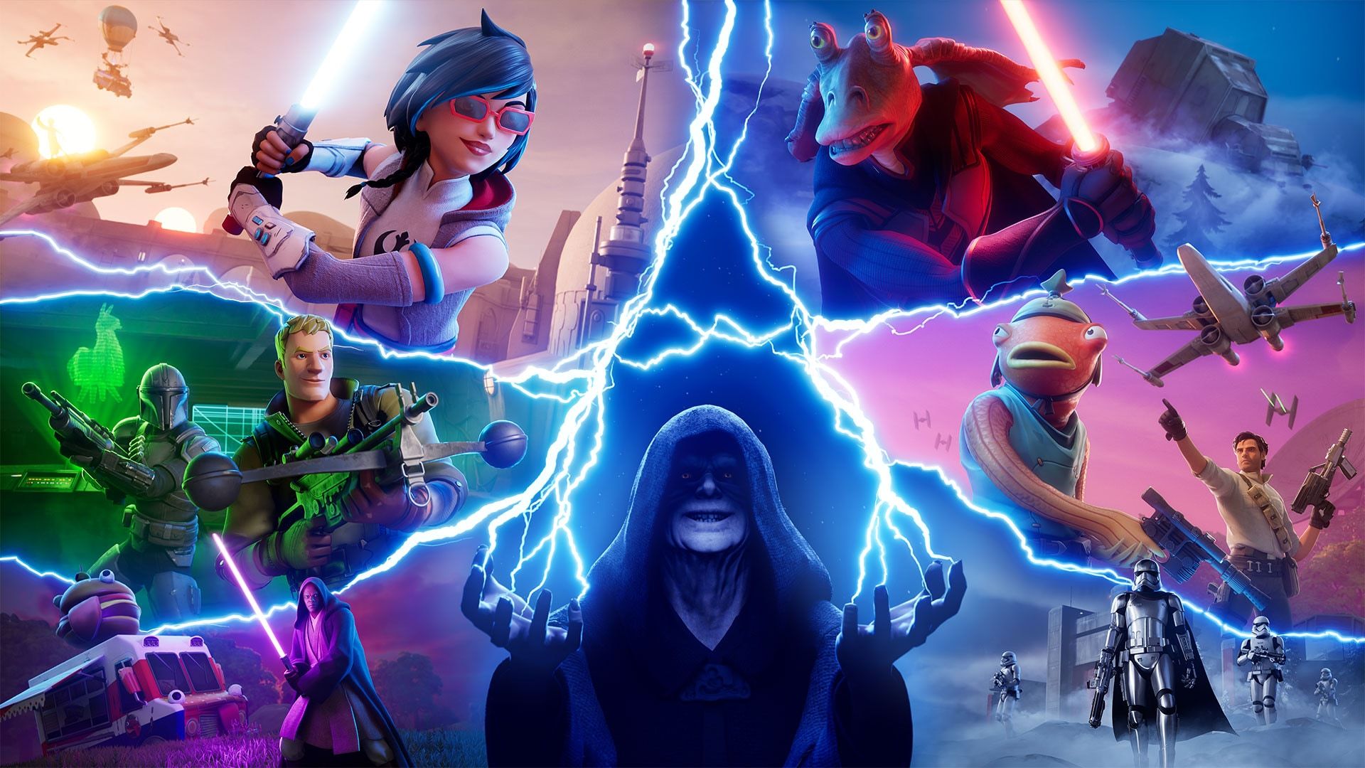A collage of Fortnite characters, including Jonesy, Emperor Palpatine, and Fish Sticks. Most of them are holding a lightsaber from Star Wars.
