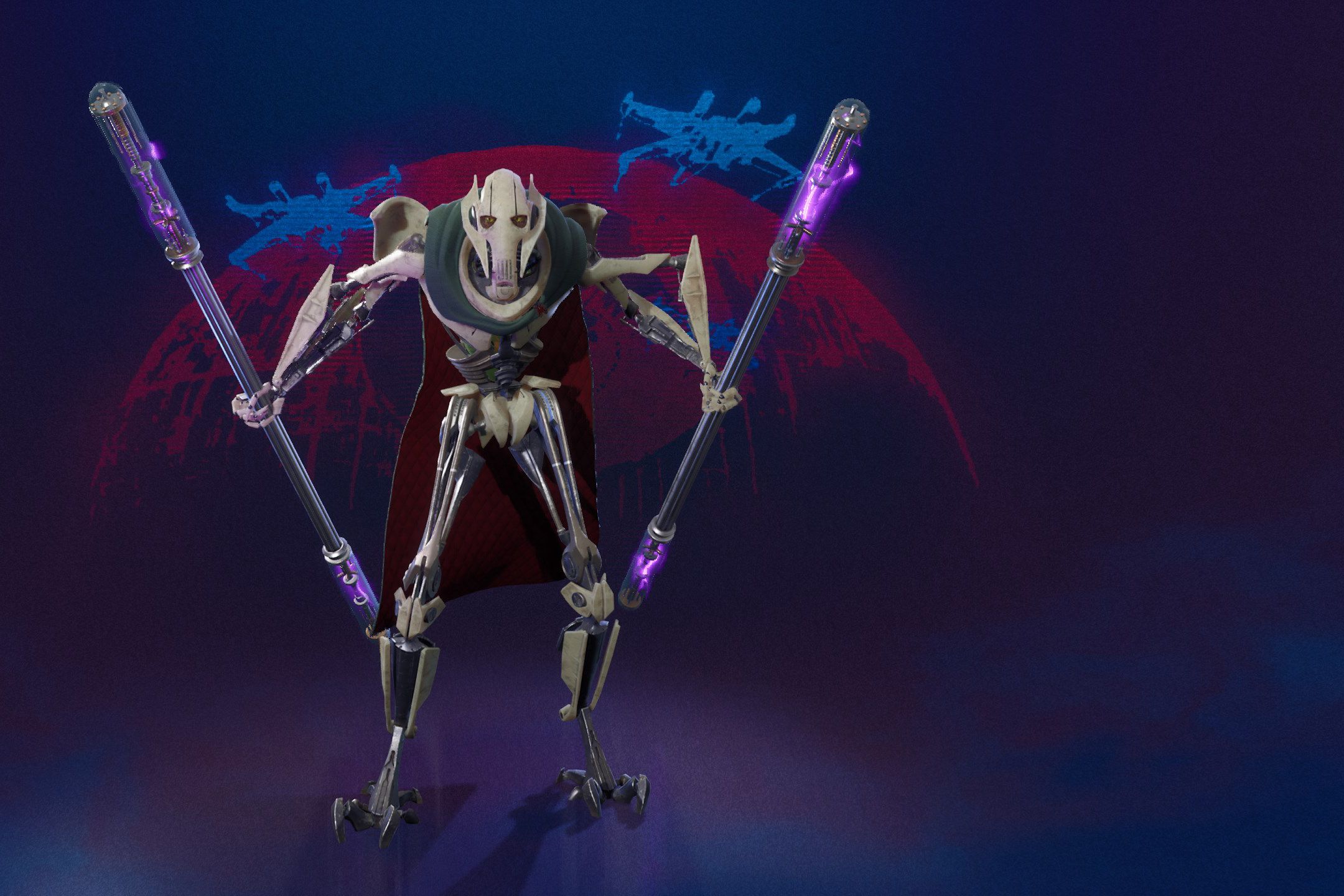General Grievous in Fortnite wielding two electro-staffs