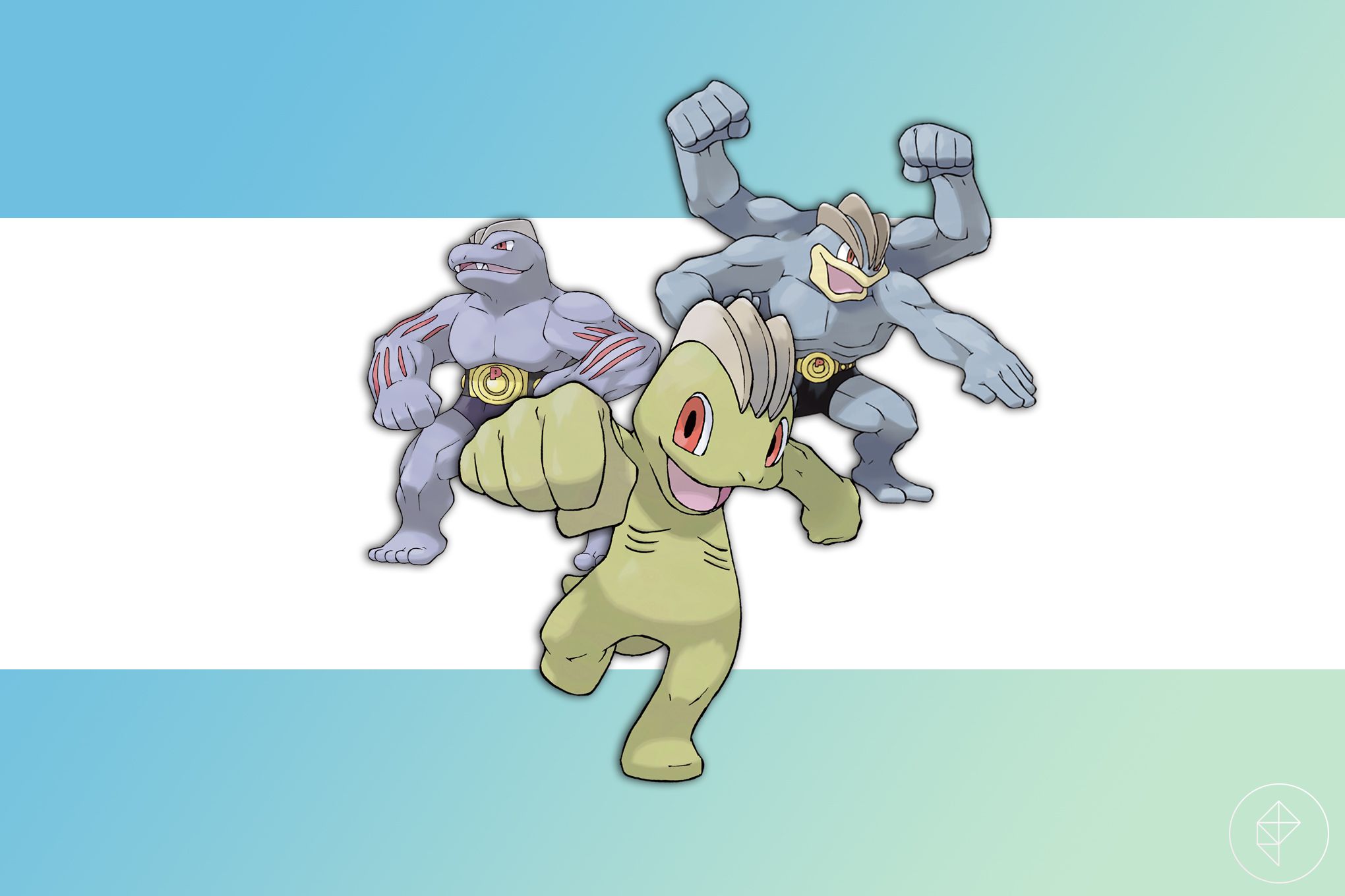 Shiny Machop in front of Machoke and Machamp