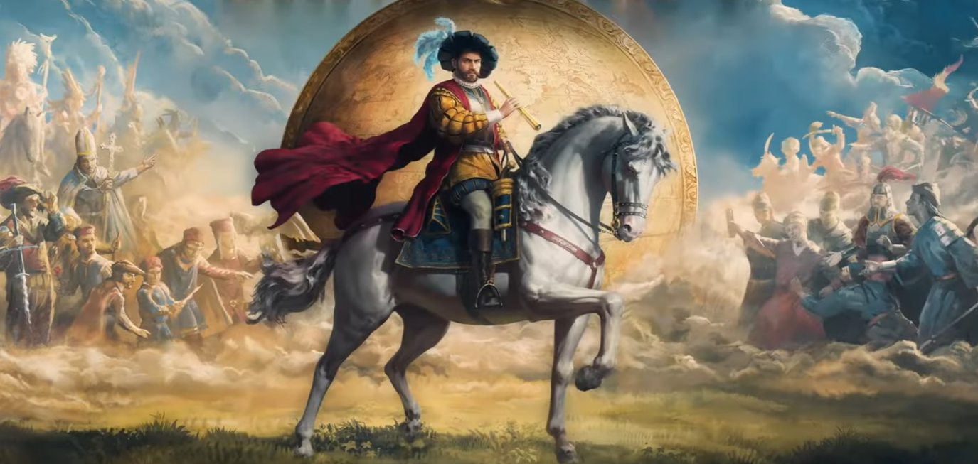 Medieval man sat on a white horse holding a telescope from artwork of Europa Universalis 4.