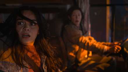 Stefani (Kaitlyn Santa Juana) and her mother Darlene ( Rya Kihlstedt) both look disheveled and horrified while driving at night in Final Destination: Bloodlines