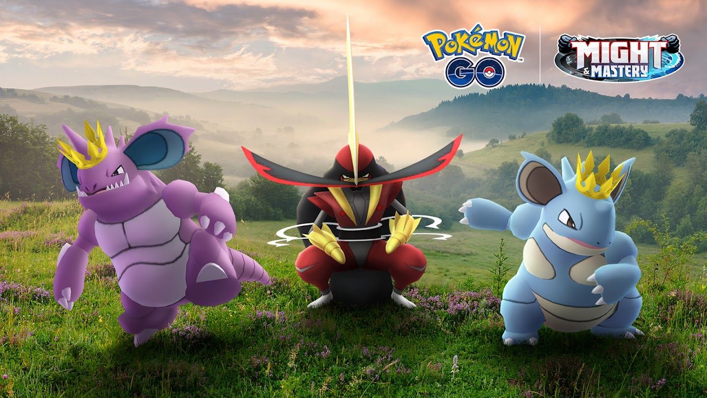 Kingambit between a Nidoking and Nidoqueen wearing crowns in Pokémon Go.