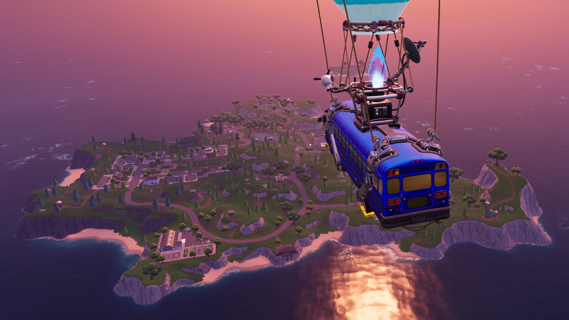 A floating bus over a small island in Fortnite.